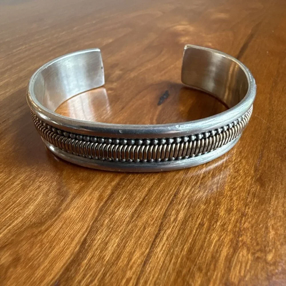 Tahe Navajo Cuff Bracelet Sterling Silver Gold Filled Vintage 15mm 41g Signed
